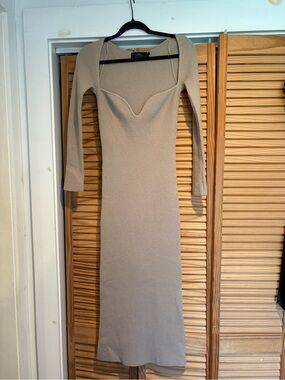 Arch4 Coco Ribbed Cashmere Dress Midi Bodycon Long Sleeve Beige Knit Luxury